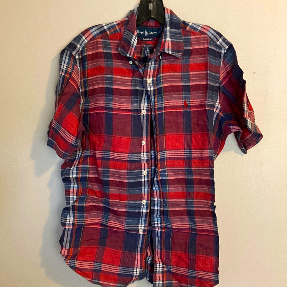 Ralph Lauren classic fit Shirt Mens Medium Linen Short Sleeve Button Up Multi